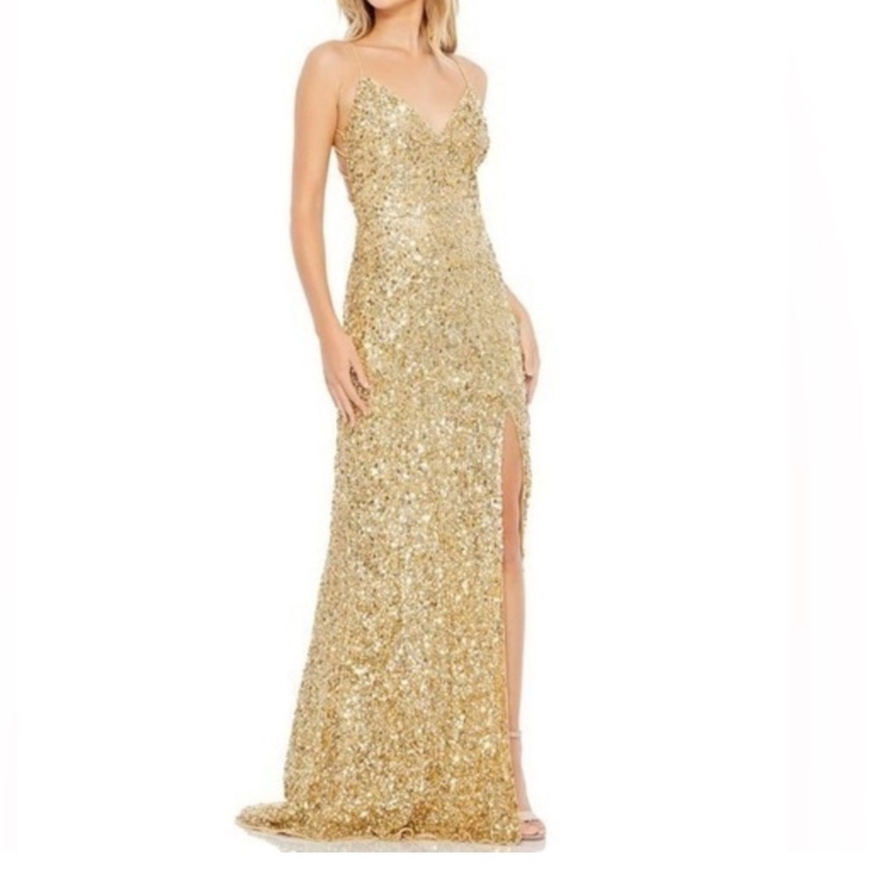 Mac Duggal Gold Sequins Strappy Open Back With High Slit Gown NWT Defect Reemoly